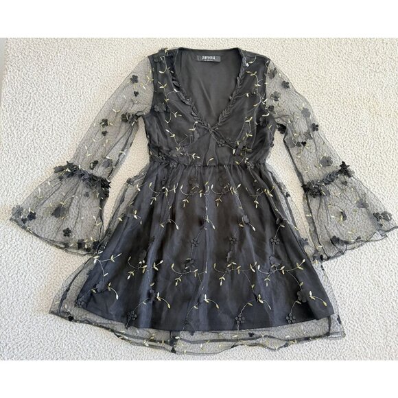 Disturbia Dresses & Skirts - Disturbia Dress Black Mesh Floral Embroidered Bell Sleeve Gothic